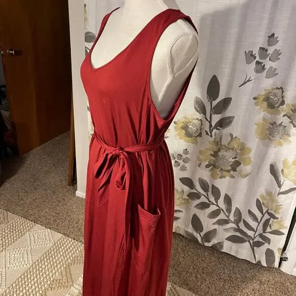 Reversible Wool& Summer Red Sleeveless Midi Dress with Pockets Belt, size large - Picture 5 of 13